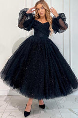 Black Wedding Guest Dress A Line Ankle Length Off The Shoulder Formal Dress With Sleeves