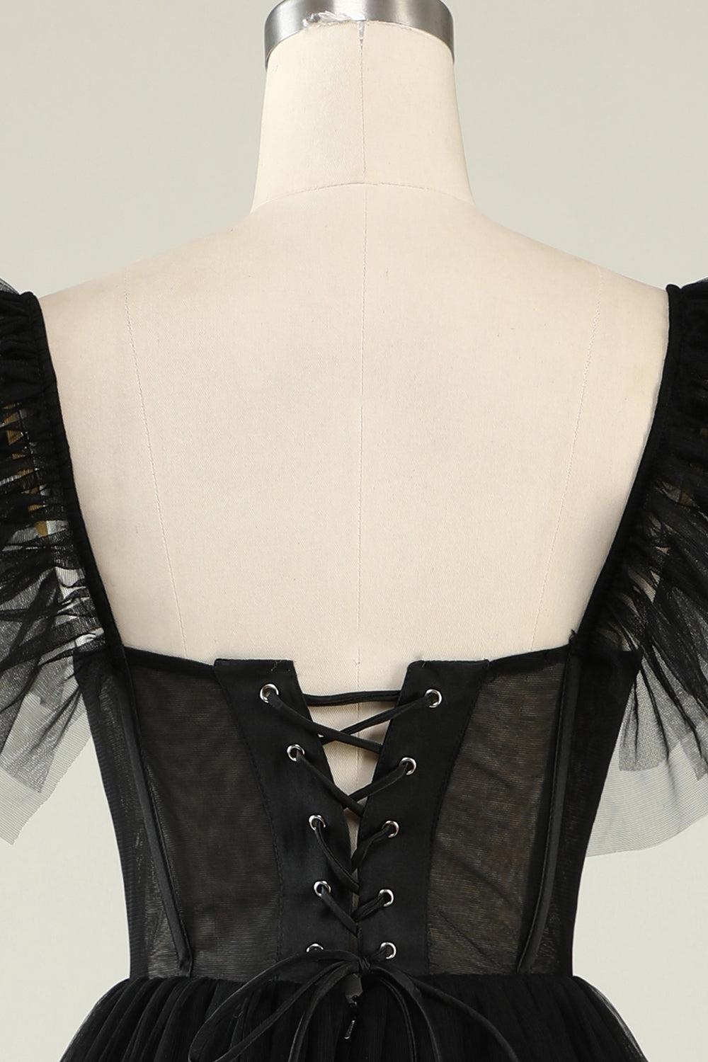 Black Prom Dress A-Line Corset Ruffled Tulle Graduation Dress