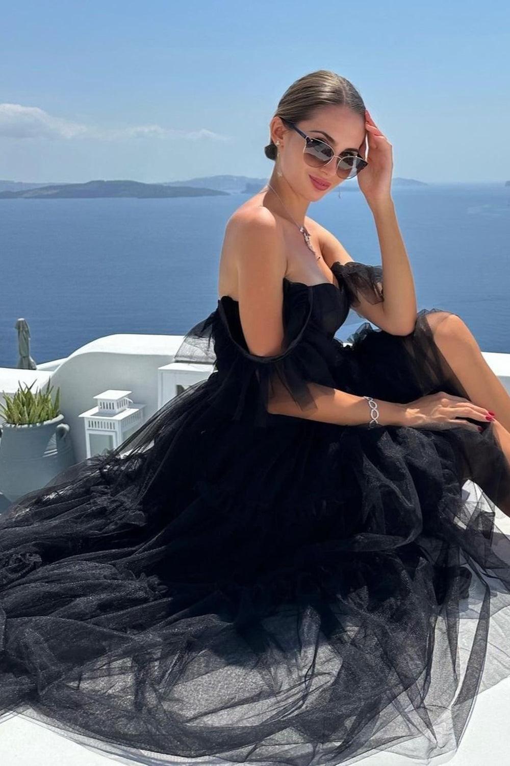 Black Prom Dress A-Line Corset Ruffled Tulle Graduation Dress
