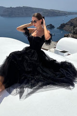 Black Prom Dress A-Line Corset Ruffled Tulle Graduation Dress