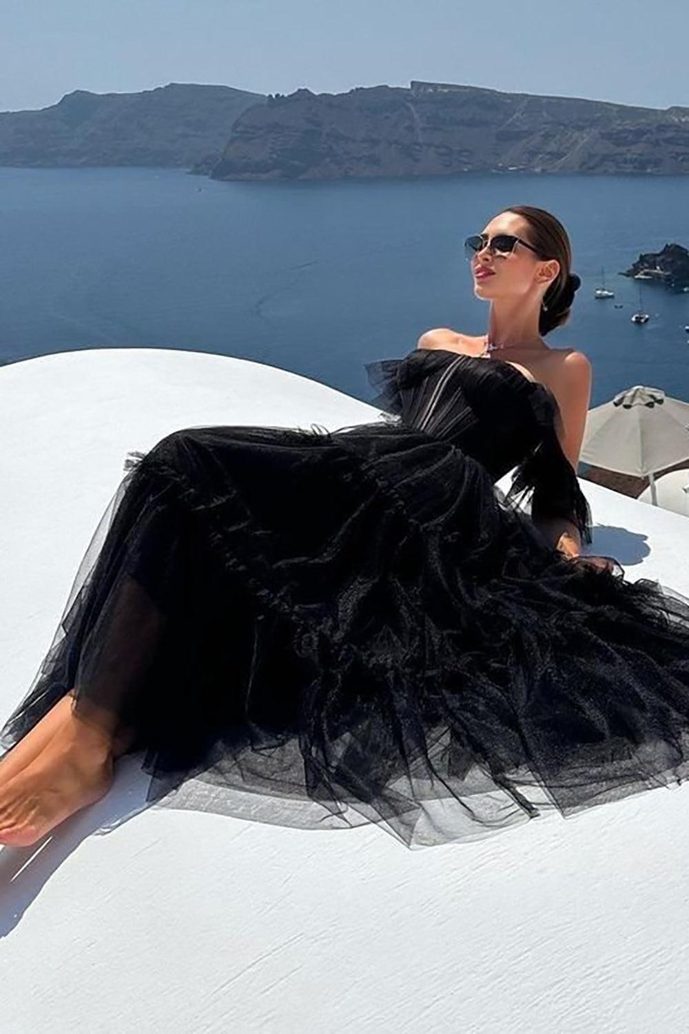 Black Prom Dress A-Line Corset Ruffled Tulle Graduation Dress