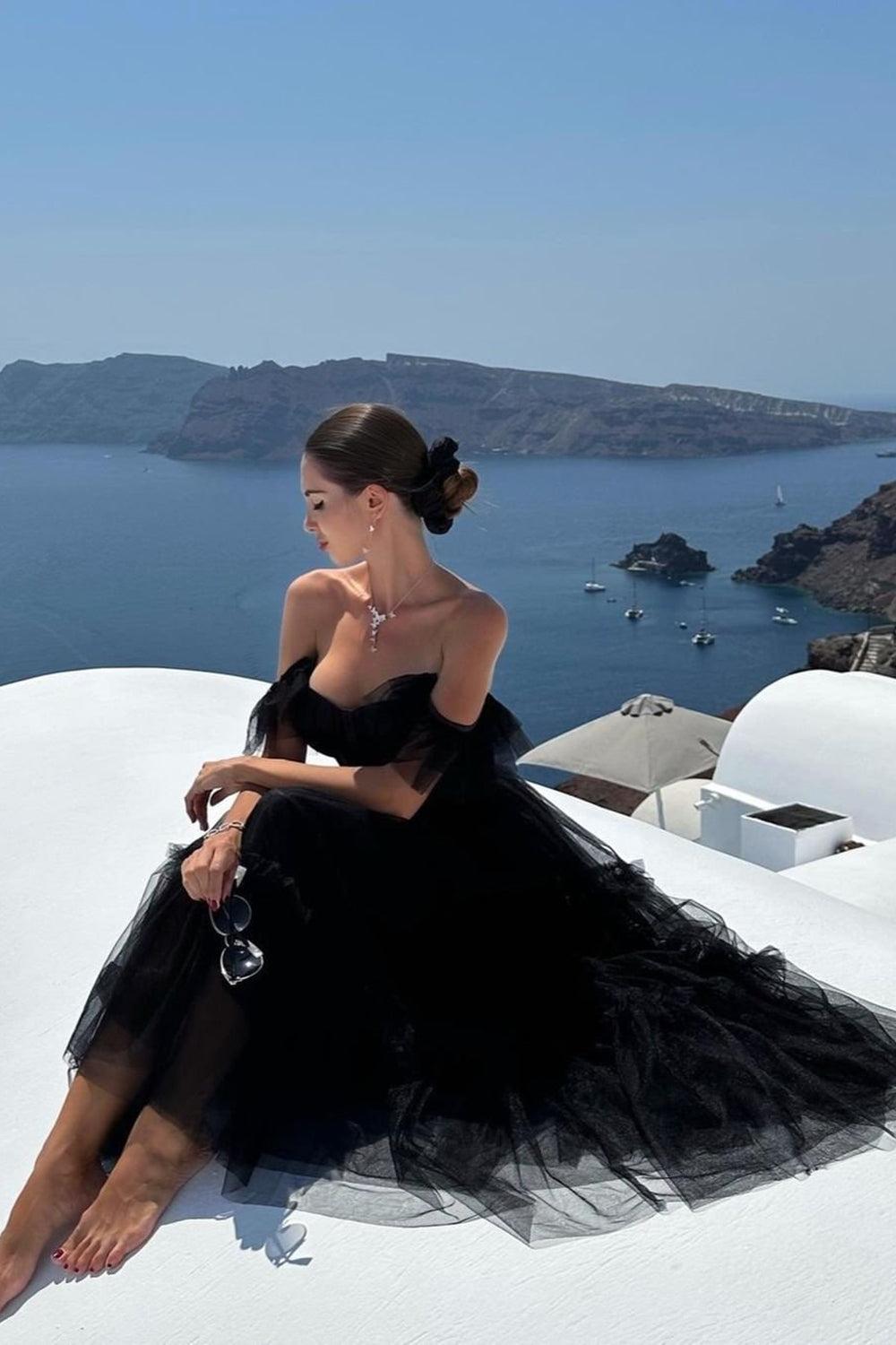 Black Prom Dress A-Line Corset Ruffled Tulle Graduation Dress