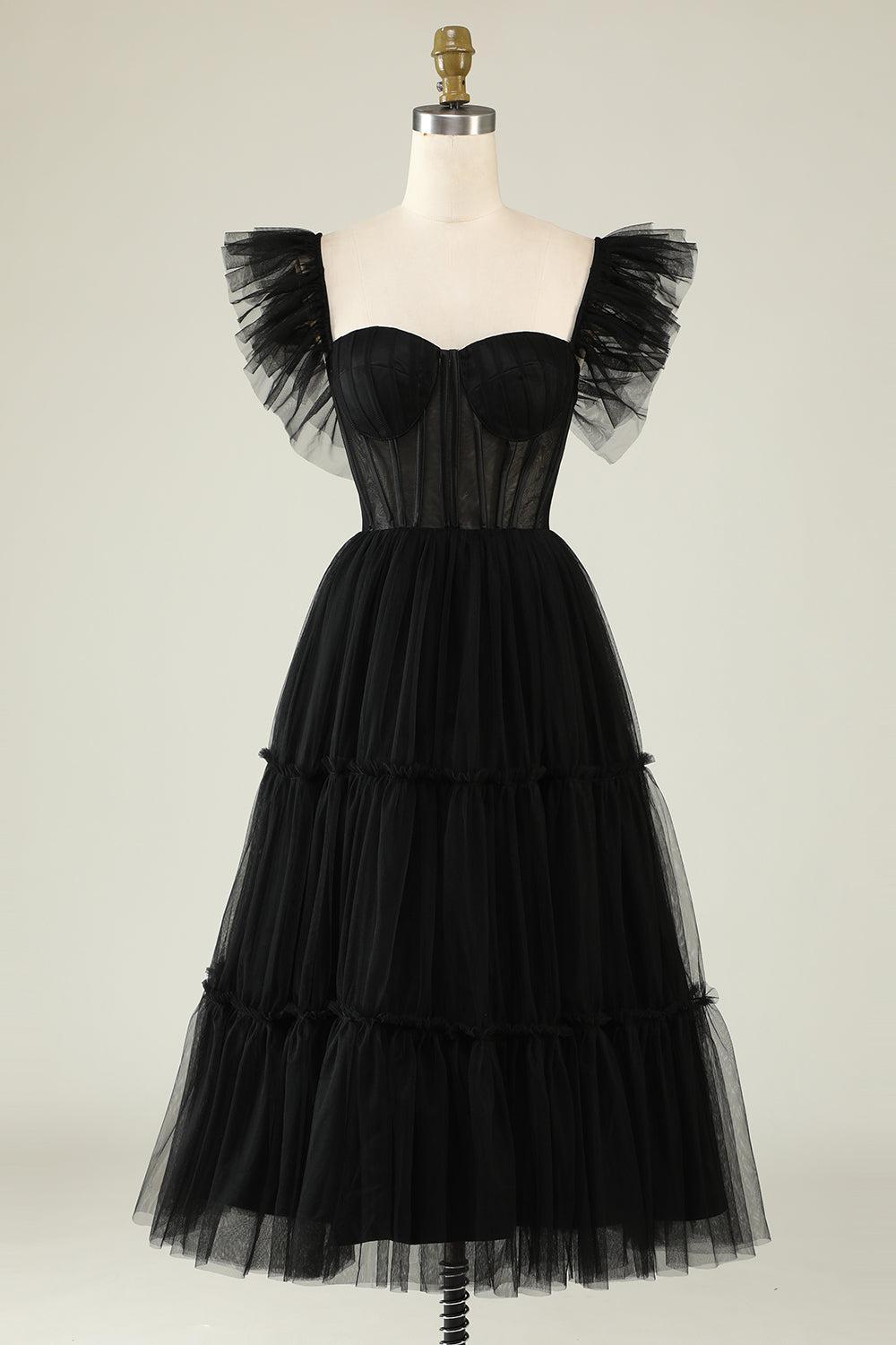 Black Prom Dress A-Line Corset Ruffled Tulle Graduation Dress