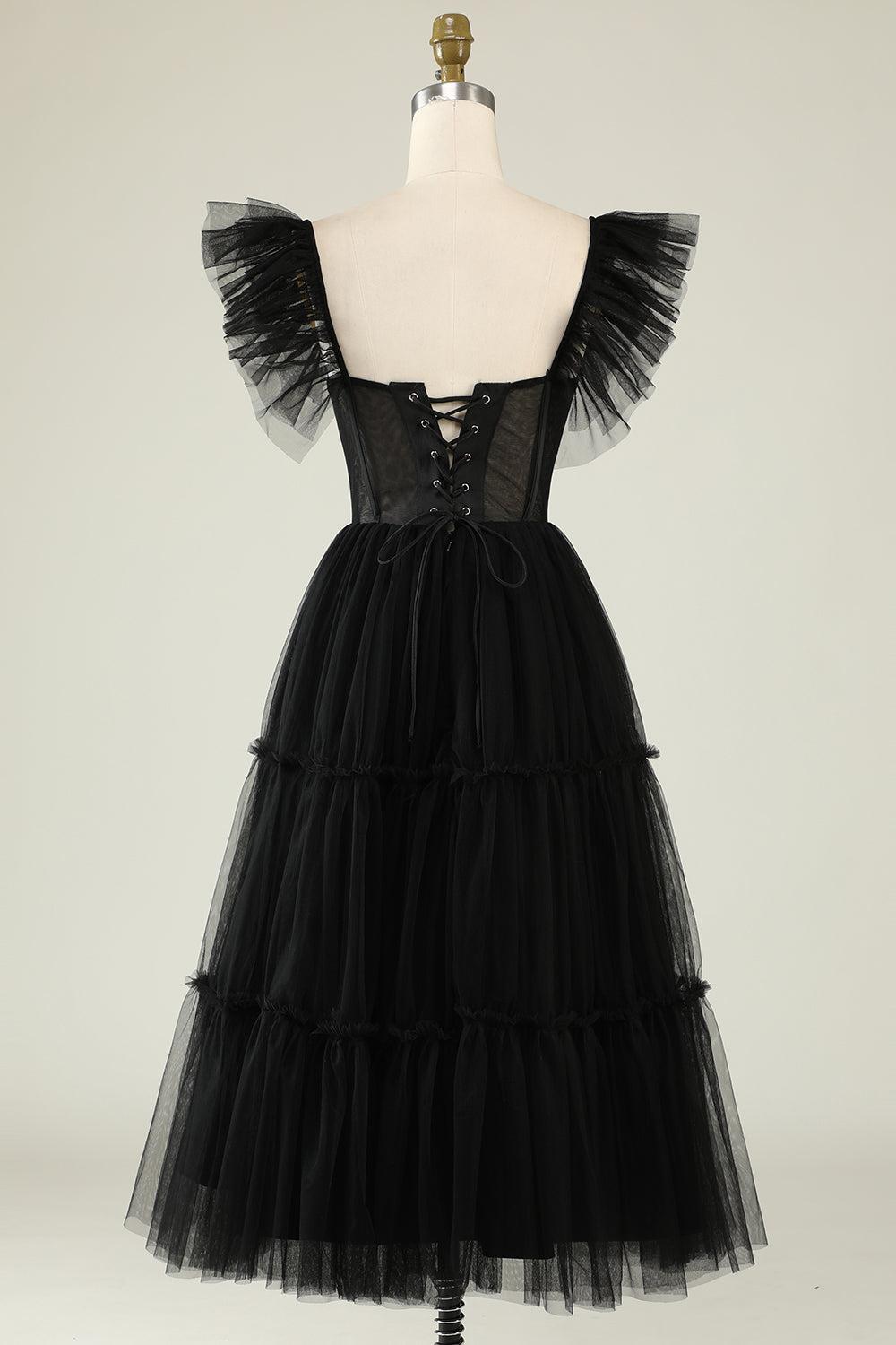 Black Prom Dress A-Line Corset Ruffled Tulle Graduation Dress