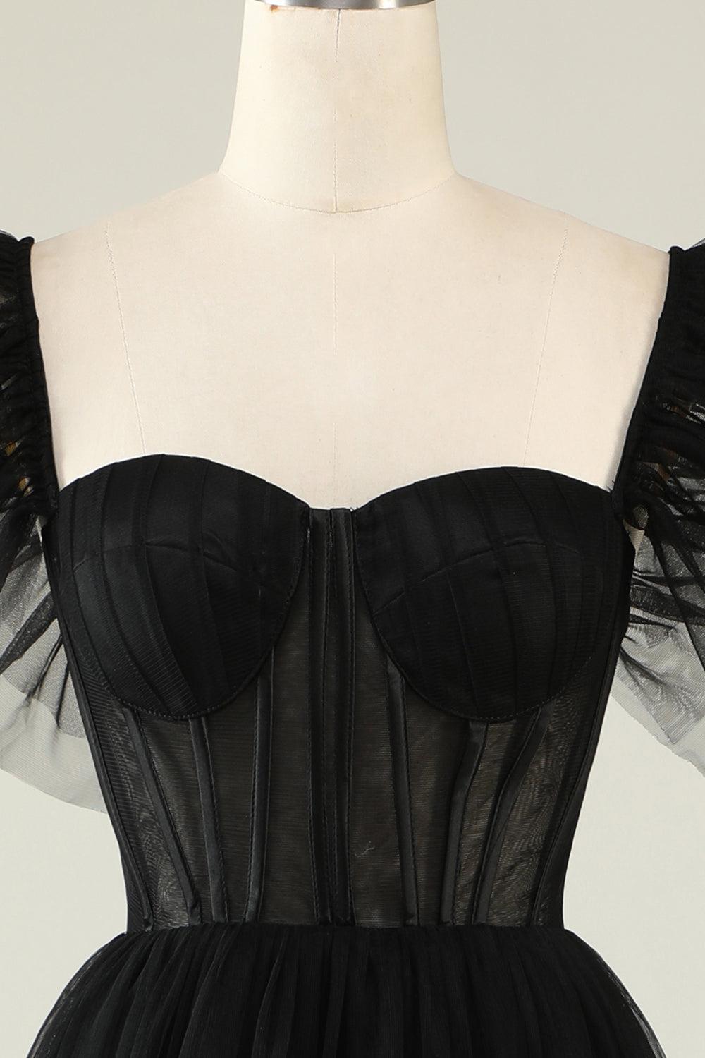 Black Prom Dress A-Line Corset Ruffled Tulle Graduation Dress