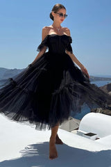 Black Prom Dress A-Line Corset Ruffled Tulle Graduation Dress