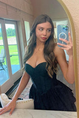 Black Prom Dress A-Line Corset Sweetheart High Low Tiered Graduation Dress