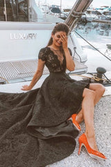 Black Prom Dress A Line Crew Beaded Lace Sleeveless Hi Lo Floor Length Formal Dress