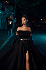 Black Prom Dress A Line Strapless Sleeveless Satin Slit Formal Dress With Feathers And Sash