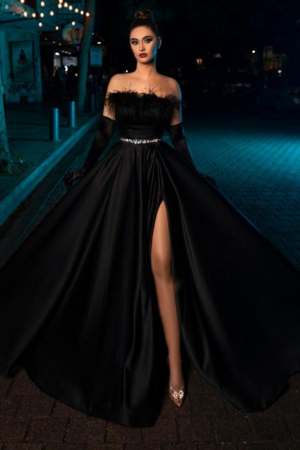 Black Prom Dress A Line Strapless Sleeveless Satin Slit Formal Dress With Feathers And Sash