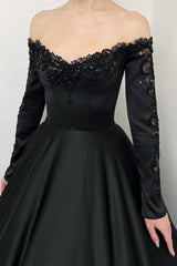 Black Prom Dress A Line V Neck Lace Off The Shoulder Sleeves Beading Sequined Cathedral Train Satin Ball Gown Formal Dress