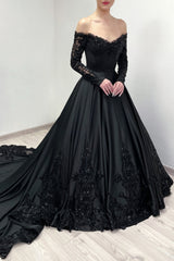 Black Prom Dress A Line V Neck Lace Off The Shoulder Sleeves Beading Sequined Cathedral Train Satin Ball Gown Formal Dress