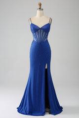 Black Prom Dress Beaded Mermaid Corset Long Evening Dress with Slit