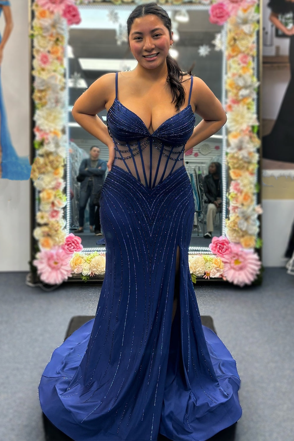 Black Prom Dress Beaded Mermaid Corset Long Evening Dress with Slit