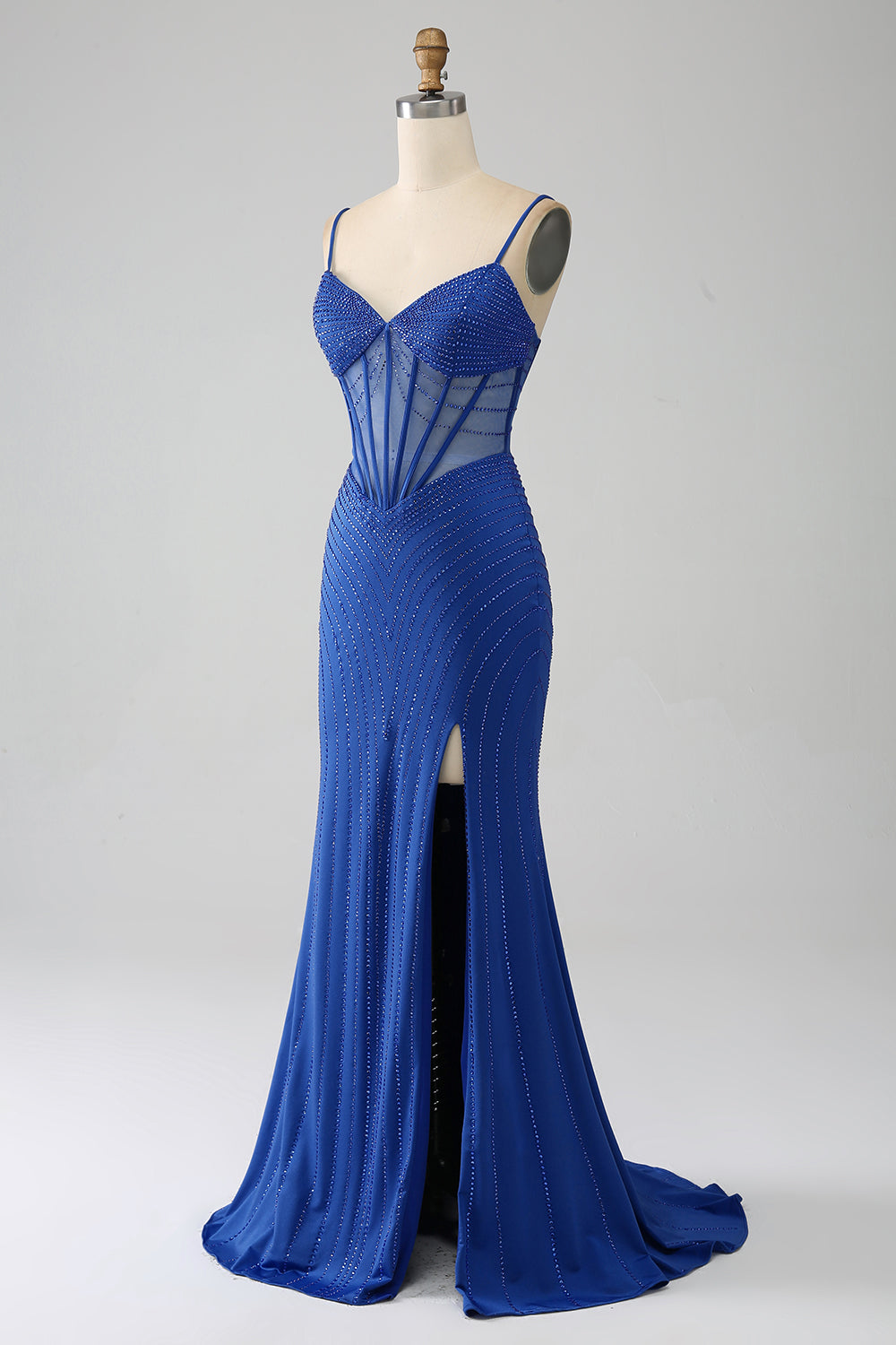 Black Prom Dress Beaded Mermaid Corset Long Evening Dress with Slit