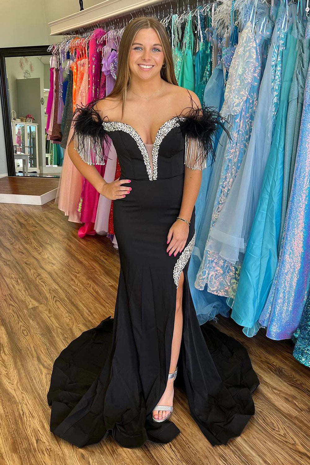 Black Prom Dress Beaded Mermaid Off The Shoulder Long Evening Dress With Tassels