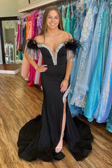 Black Prom Dress Beaded Mermaid Off The Shoulder Long Evening Dress With Tassels