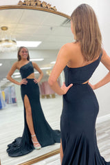 Black Prom Dress Beaded Mermaid One Shoulder Long Evening Dress With Slit