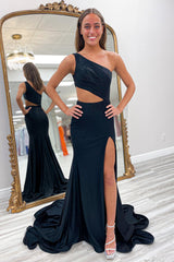 Black Prom Dress Beaded Mermaid One Shoulder Long Evening Dress With Slit