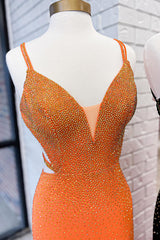 Black Prom Dress Beaded Mermaid Spaghetti Straps Satin Long Evening Dress