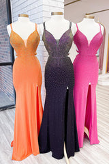 Black Prom Dress Beaded Mermaid Spaghetti Straps Satin Long Evening Dress