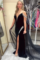 Black Prom Dress Cold Shoulder Cape Mermaid Long Evening Dress With Slit