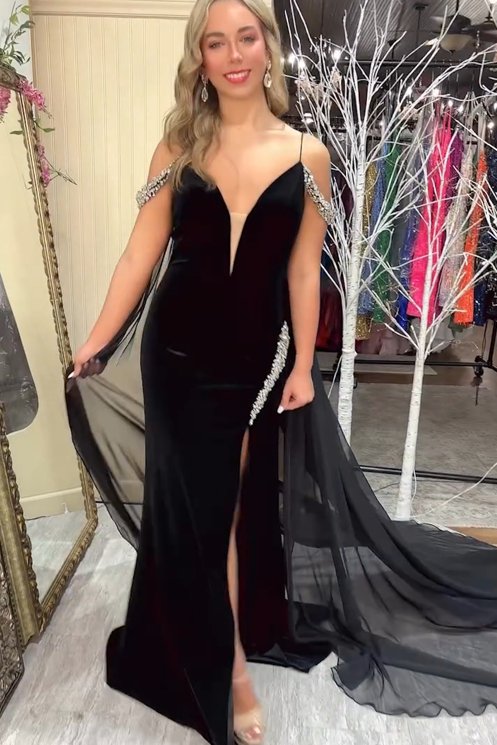 Black Prom Dress Cold Shoulder Cape Mermaid Long Evening Dress With Slit