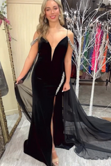 Black Prom Dress Cold Shoulder Cape Mermaid Long Evening Dress With Slit