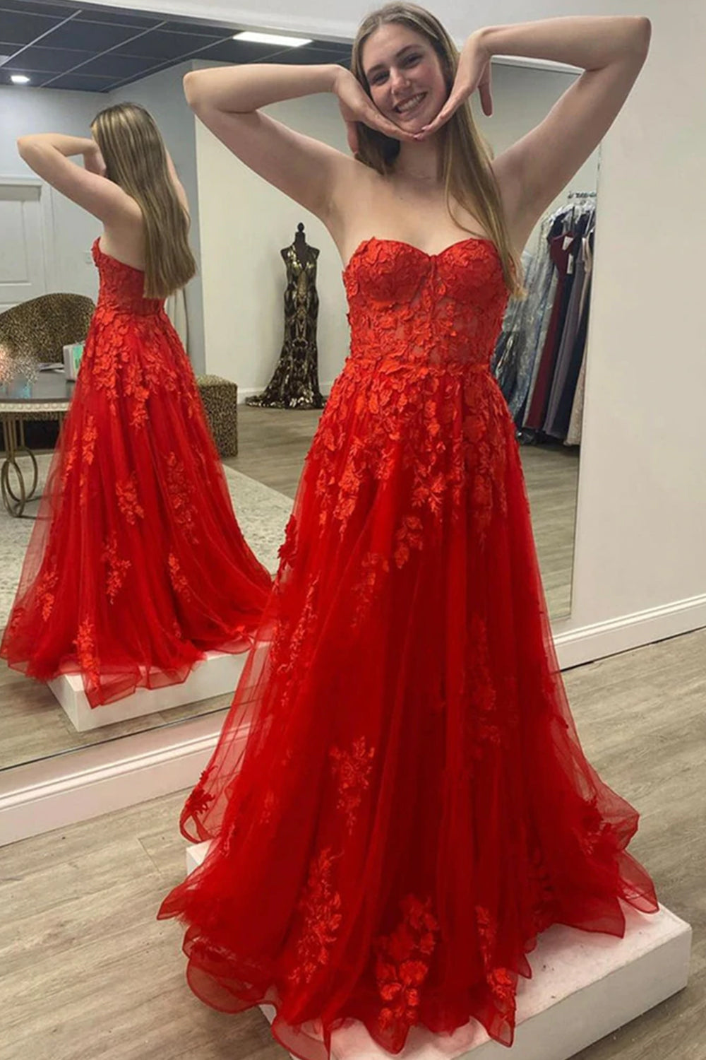 Black Prom Dress Corset A-Line Tulle Long Evening Dress with Lace