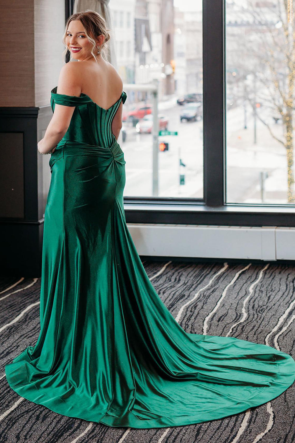 Black Prom Dress Corset Off the Shoulder Long Evening Dress with Slit