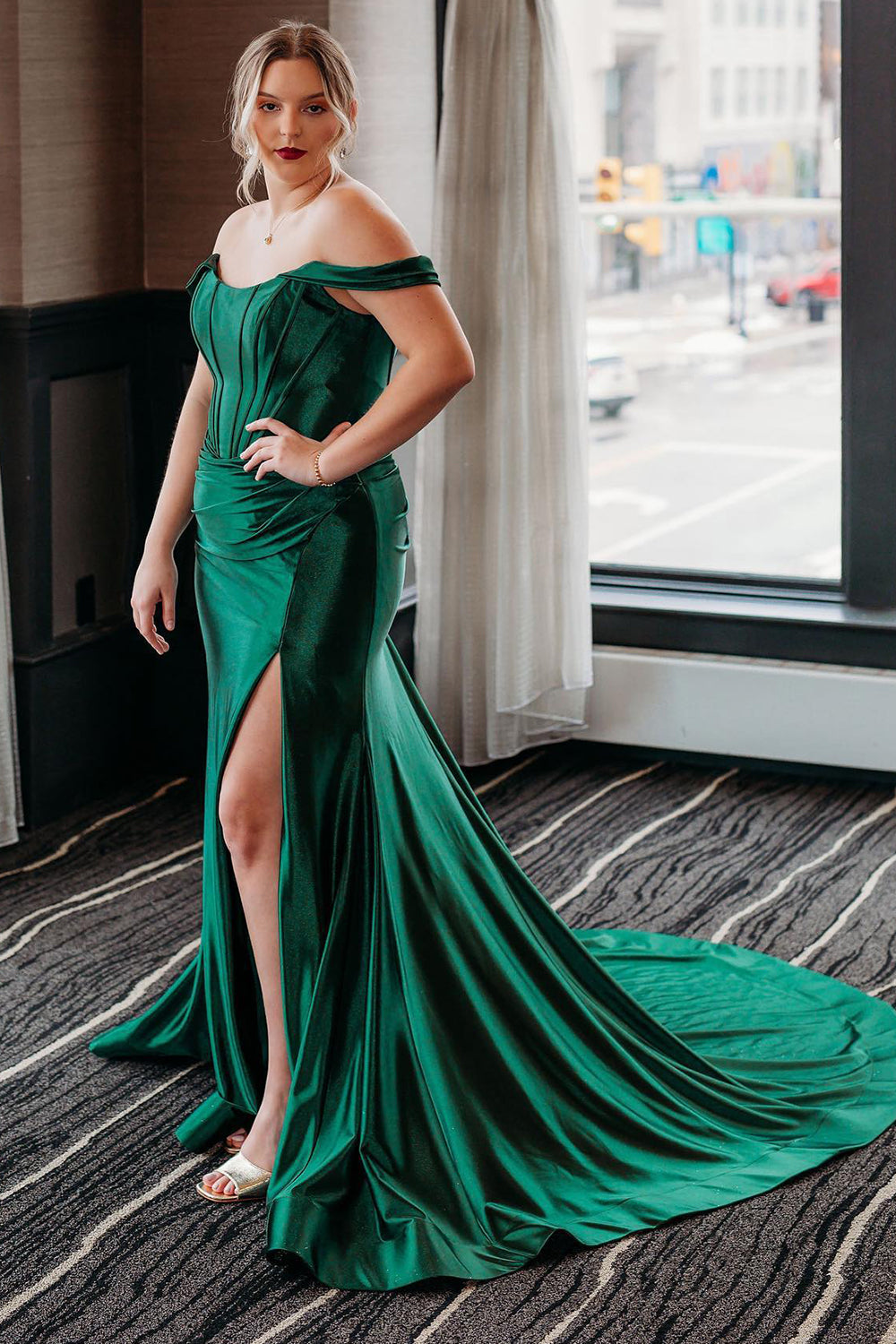 Black Prom Dress Corset Off the Shoulder Long Evening Dress with Slit