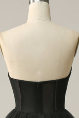 Black Prom Dress Corset Sweetheart Long Evening Dress with Ruffles