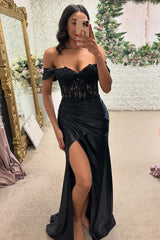 Black Prom Dress Floral Mermaid Ruche Off The Shoulder Long Evening Dress With Slit