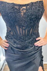 Black Prom Dress Floral Mermaid Strapless Long Evening Dress With Slit