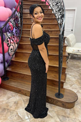 Black Prom Dress Mermaid Cold Shoulder Long Evening Dress With Slit