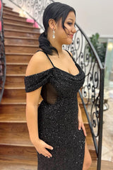 Black Prom Dress Mermaid Cold Shoulder Long Evening Dress With Slit