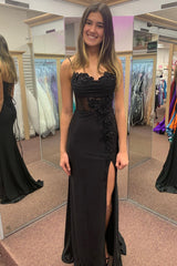 Black Prom Dress Mermaid Corset Long Evening Dress With Slit With Lace