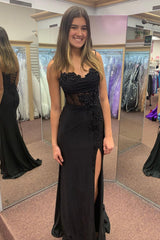 Black Prom Dress Mermaid Corset Long Evening Dress With Slit With Lace