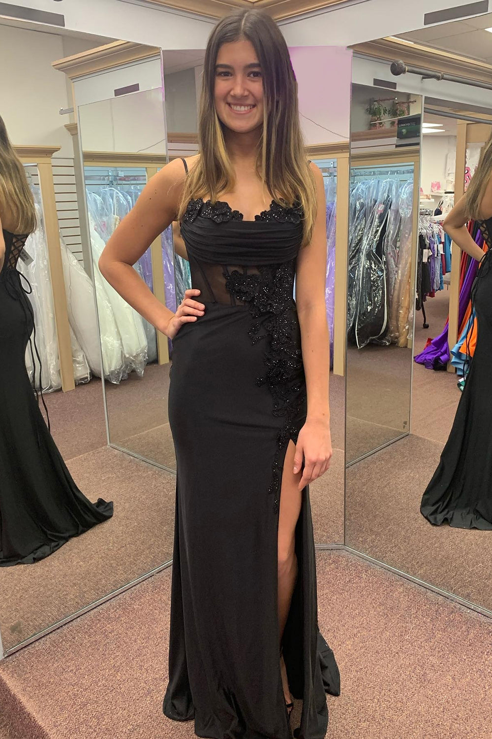 Black Prom Dress Mermaid Corset Long Evening Dress With Slit With Lace