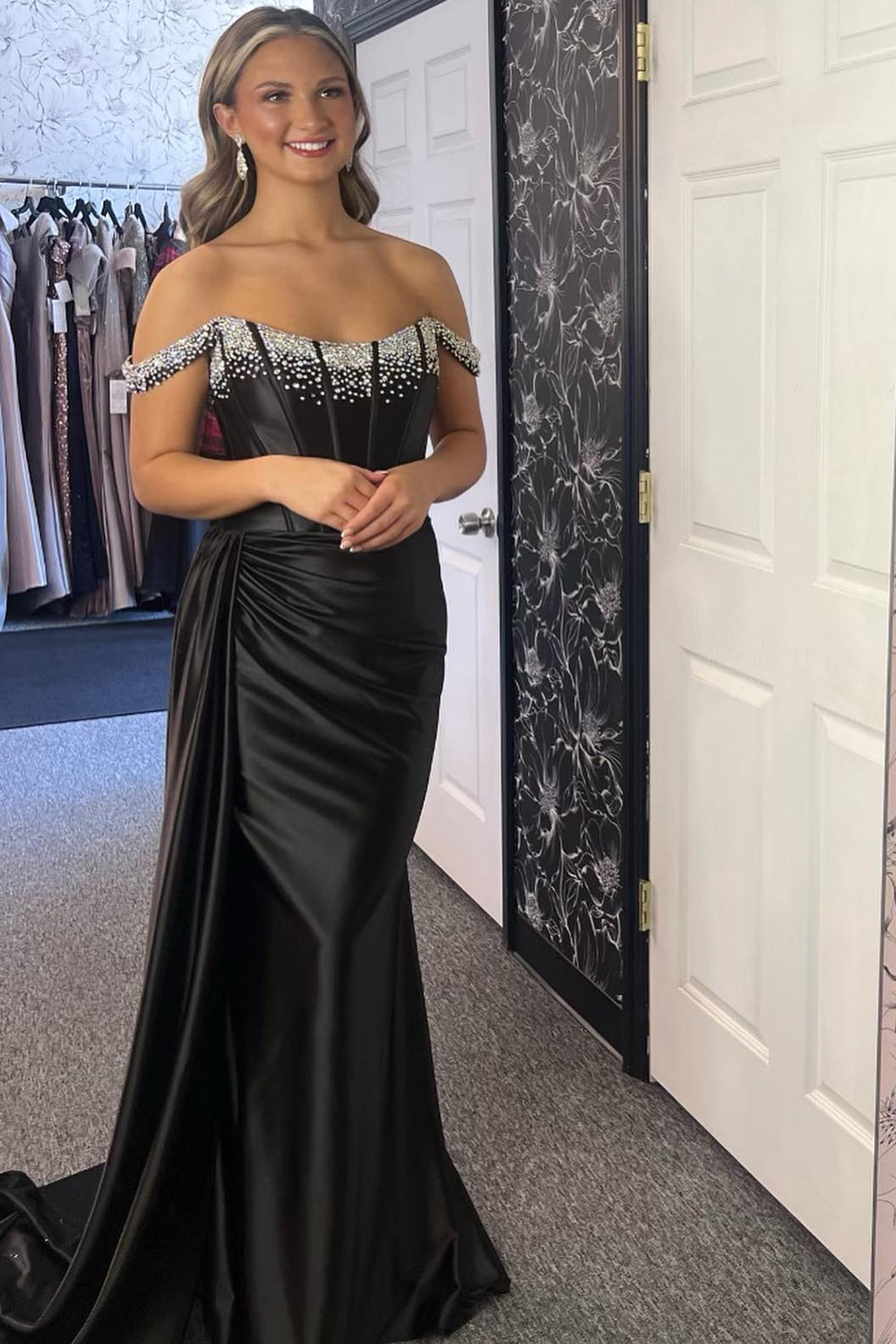Black Prom Dress Mermaid Side Cape Corset Long Beaded Evening Dress