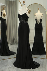 Black Prom Dress Mermaid Spaghetti Straps Long Corset Evening Dress