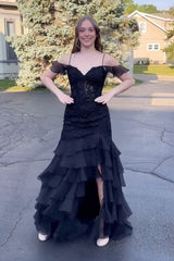 Black Prom Dress Mermaid Tiered Cold Shoulder Long Evening Dress With Slit