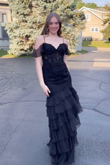 Black Prom Dress Mermaid Tiered Cold Shoulder Long Evening Dress With Slit