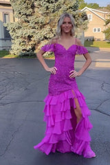 Black Prom Dress Mermaid Tiered Cold Shoulder Long Evening Dress With Slit