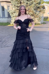 Black Prom Dress Mermaid Tiered Cold Shoulder Long Evening Dress With Slit