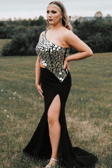 Black Prom Dress Mirror Cut Out Mermaid Long Evening Dress With Slit