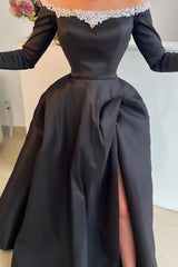 Black Prom Dress Off The Shoulder A Line Satin Slit Sleeves Formal Dress With Pearls