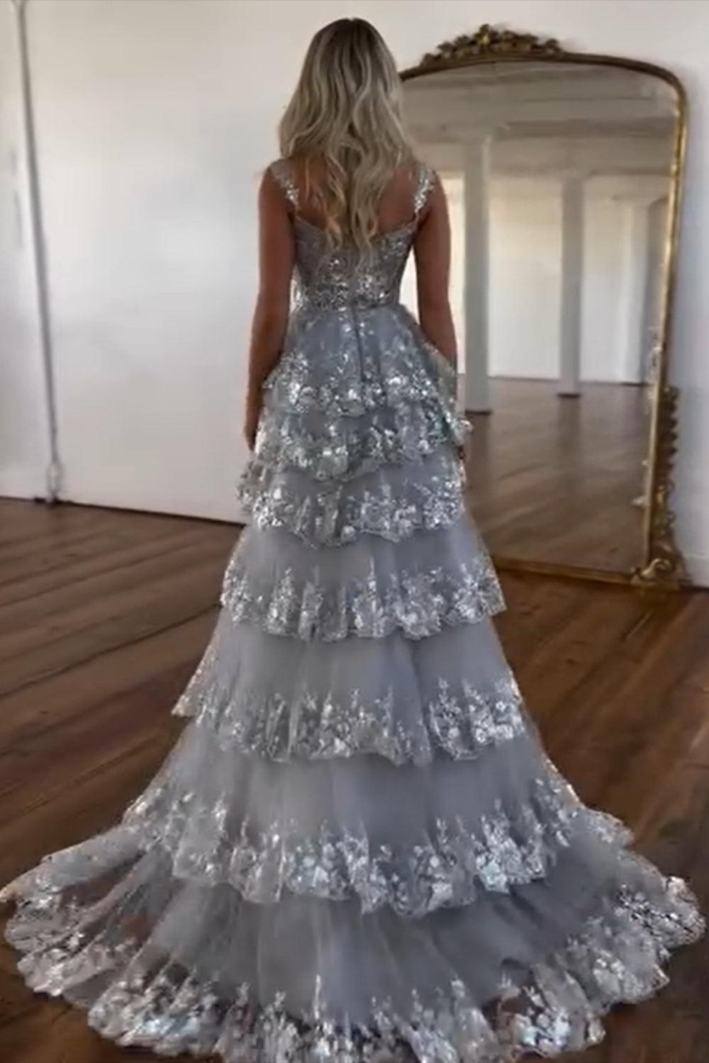 Royal Blue Prom Dress Off The Shoulder Tiered Lace Evening Dress