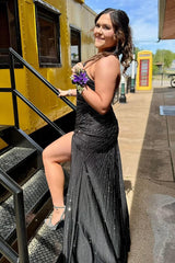 Black Prom Dress One Shoulder Mermaid Long Evening Dress With Slit