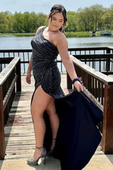 Black Prom Dress One Shoulder Mermaid Long Evening Dress With Slit